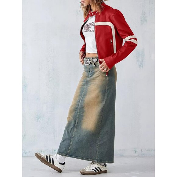 Women Red Faux Leather Zip Up Cropped Jacket Stand Collar Moto Coat - Picture 5 of 5